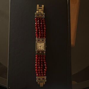 Heidi Daus Red Beaded Bracelet Watch with Gold Accents